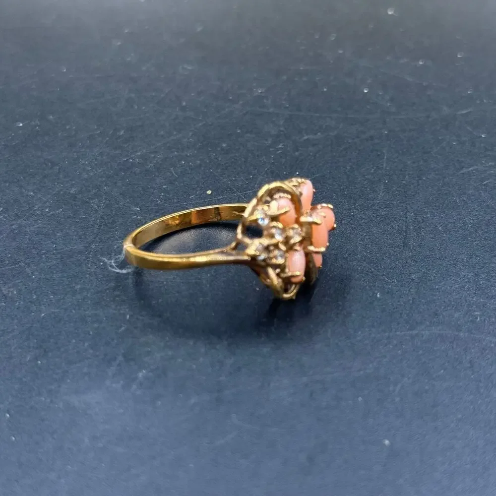 Vintage Cocktail Floral Cluster Ring Coral Cabochon Gold Tone